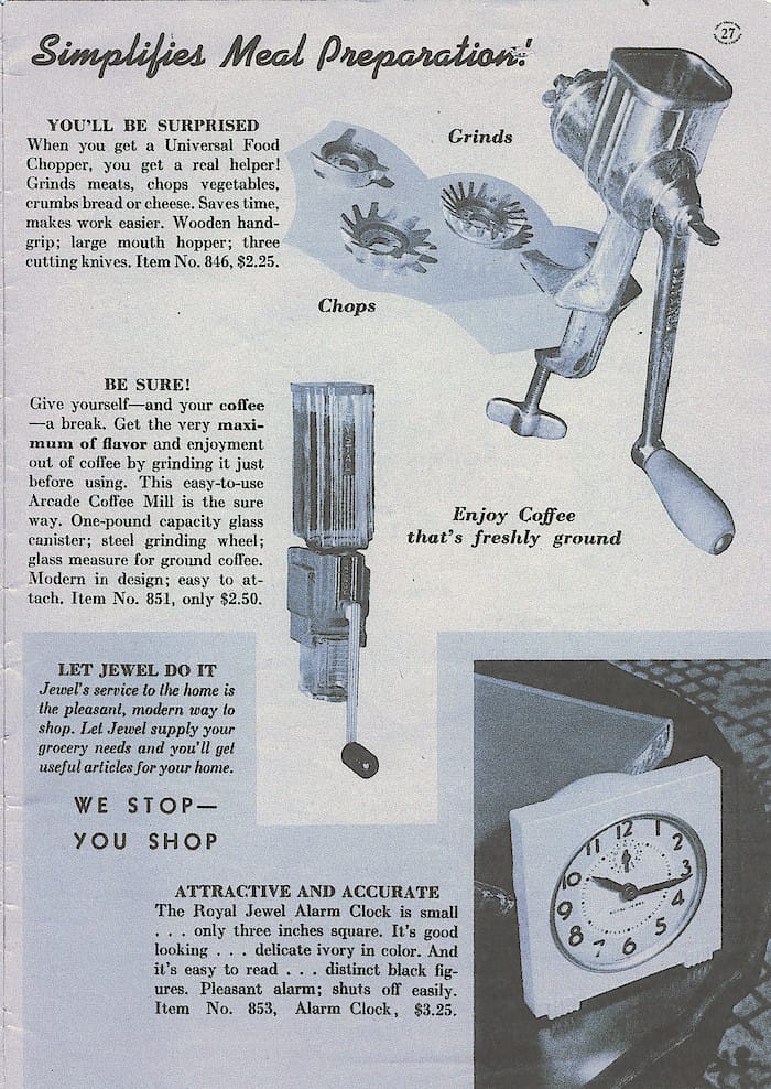 Universal food chopper, coffee mill, and alarm clock advertisement.