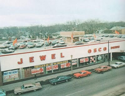 Vintage Jewel-Osco store with rooftop parking.