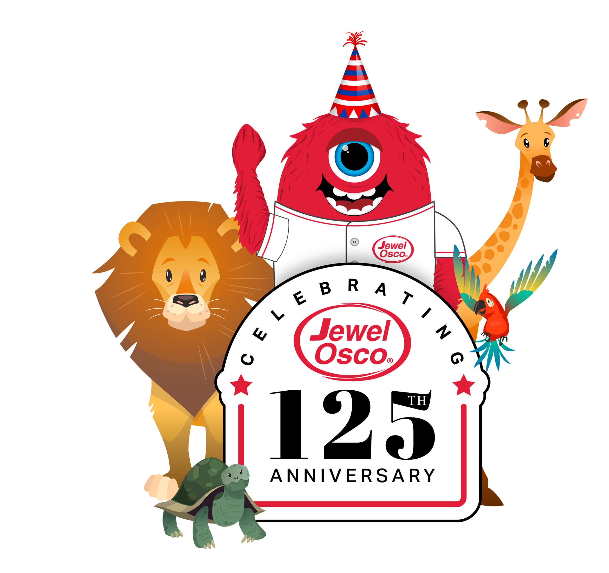 Jewel-Osco 125th anniversary with animal characters.