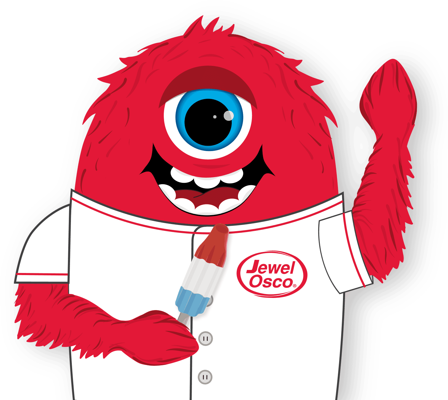 JoJo Red cyclops mascot holding a popsicle.