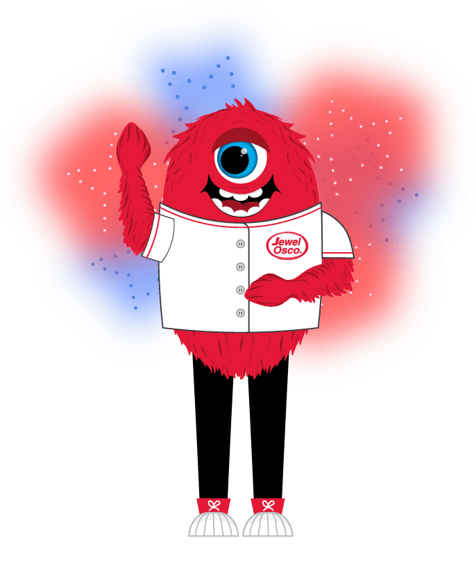 Red furry mascot waving, blue and red background.